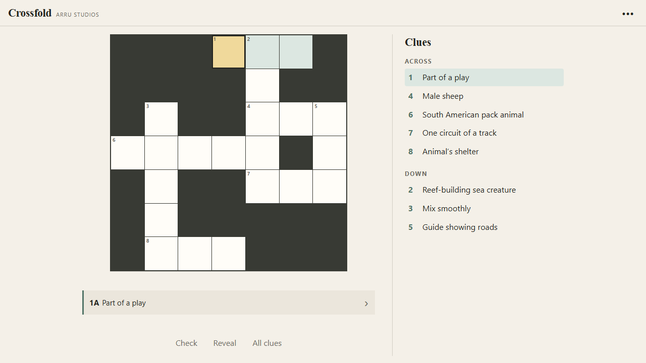 Crossfold mini crossword with a calm paper-and-ink design