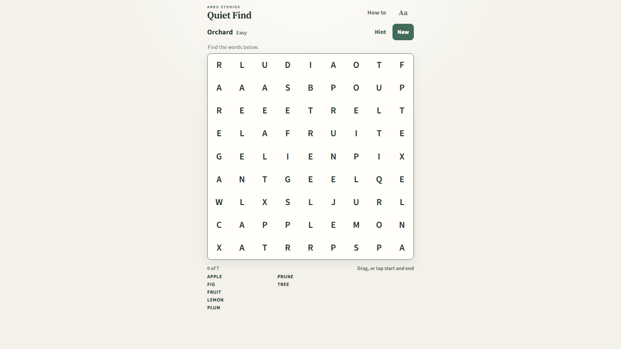 Quiet Find word search in its calm paper-and-moss design